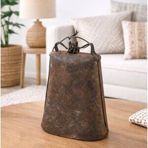 Rustic Vintage Iron Cow Bell With Weathered Patina & Twisted Wire Handle 8" Tall